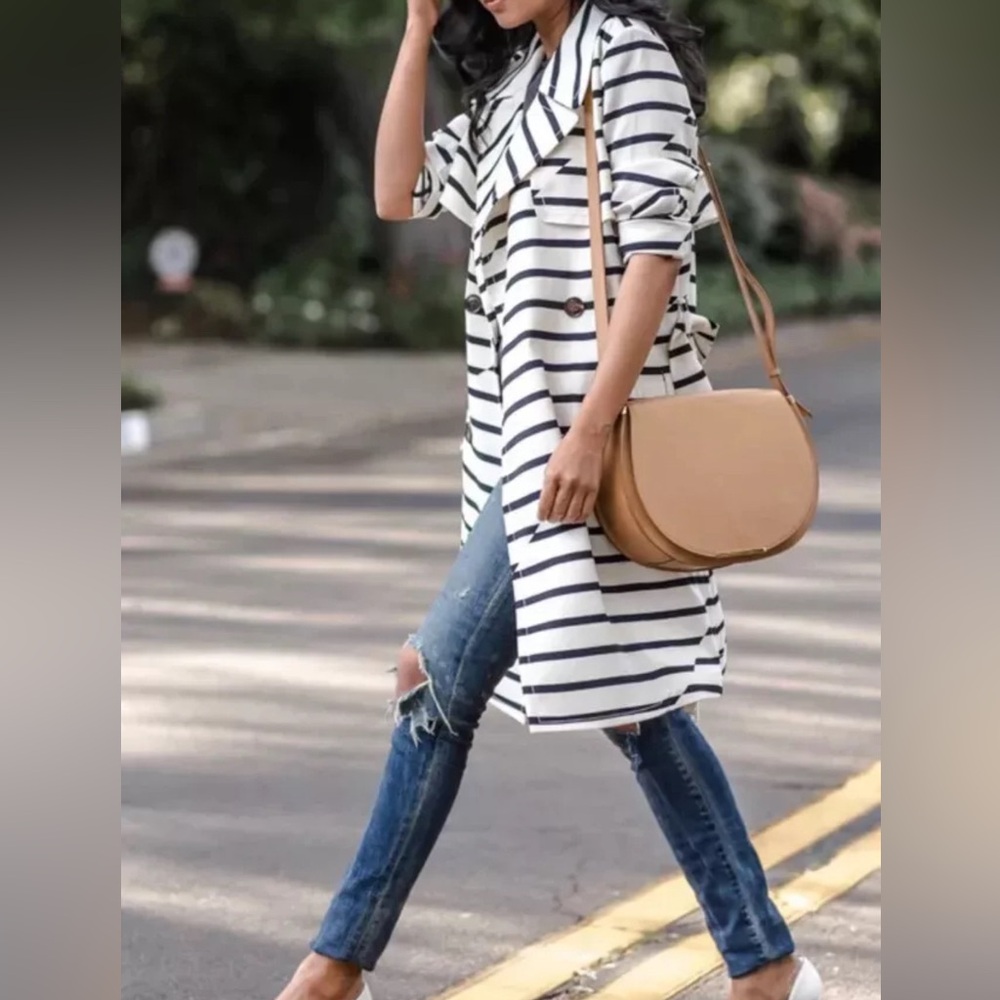 Madewell 'parcel' Stripe Trench Coat Size S Ivory Black E9193